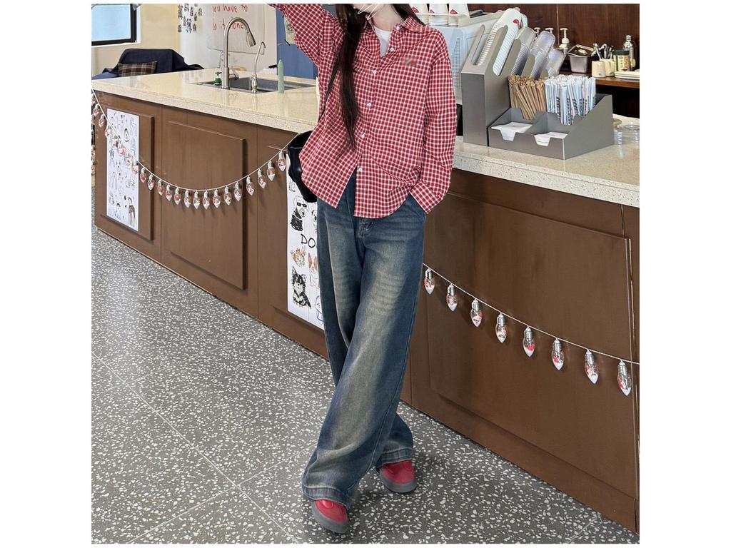 Women's Red Embroidered Plaid Shirt Jacket - Spring 2025 Small Size Casual Fashion