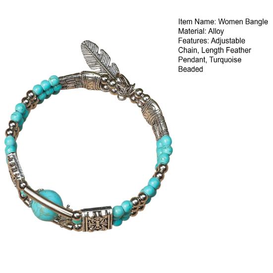 Women Bangle, Adjustable Chain Length Bracelet, Feather Pendant Turquoise Beaded Bracelet, Retro Bohemian Style Bracelet for Jewelry Gift