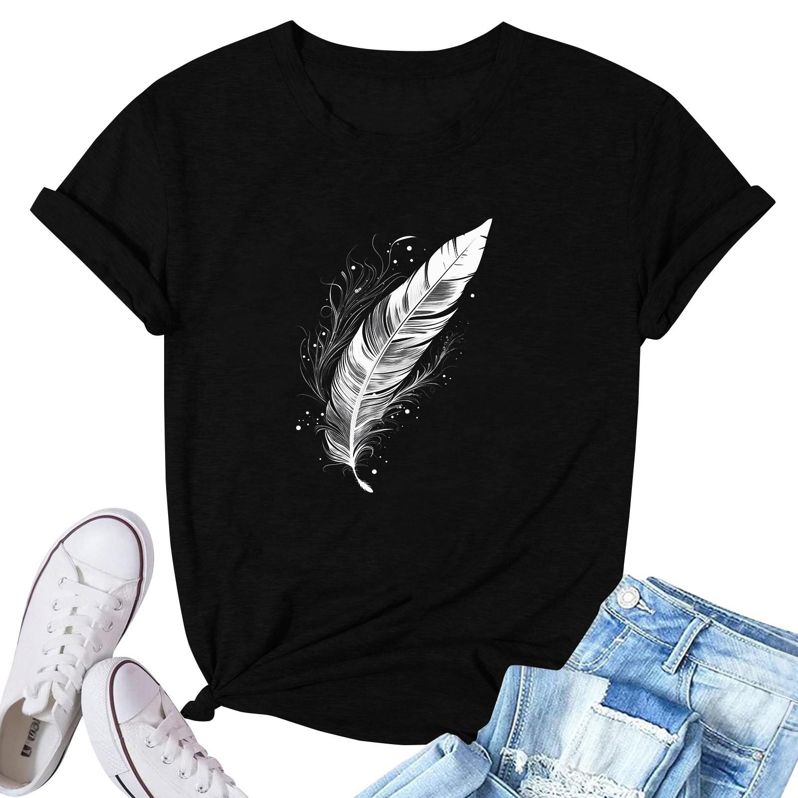 Women s Fashion Printed Casual Pleated Round Short Sleeve T-Shirt Top S чёрный