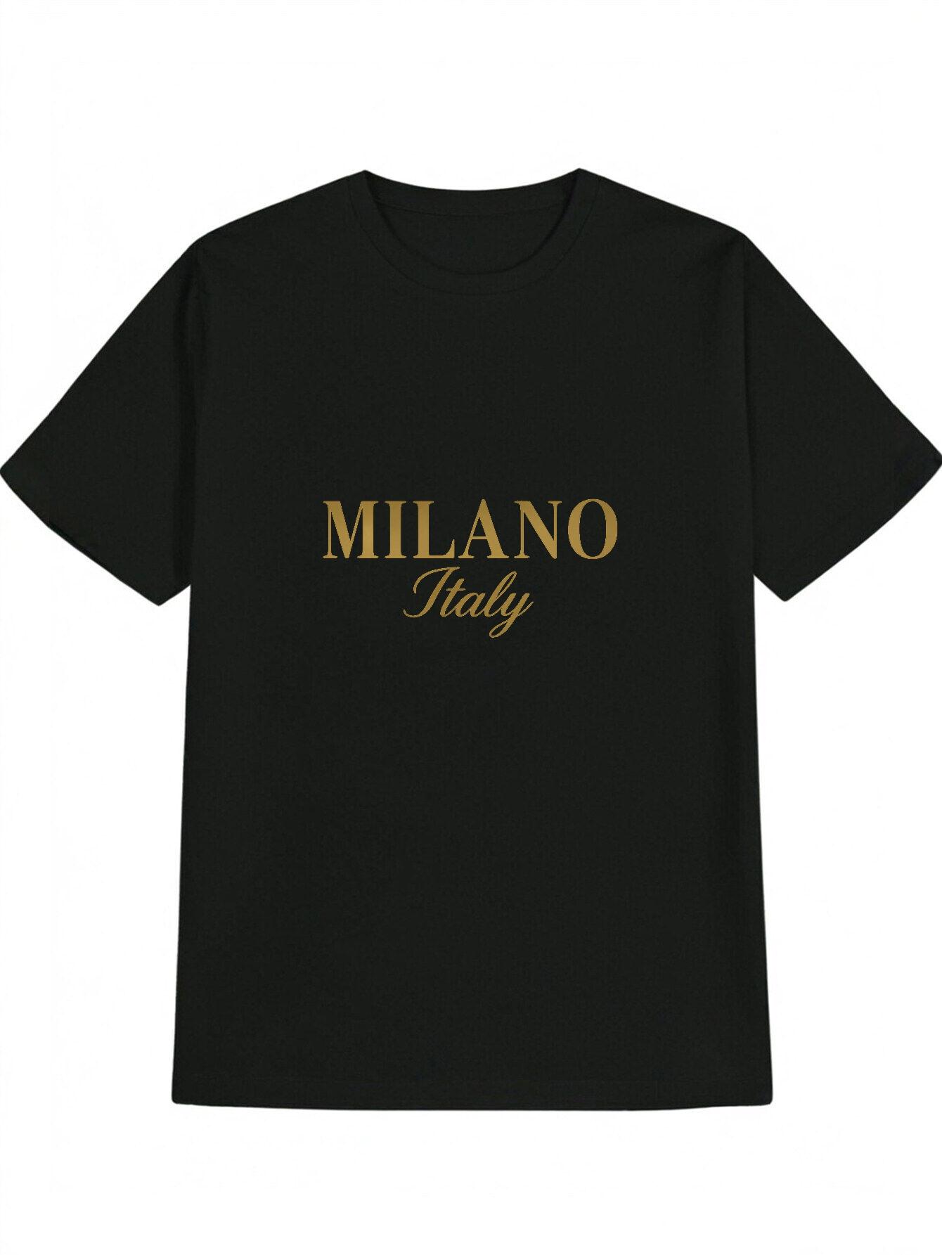 Casual Short Sleeve T-shirt with Bold MILANO Italy Golden Print - Black Round Neck Summer Top XXL