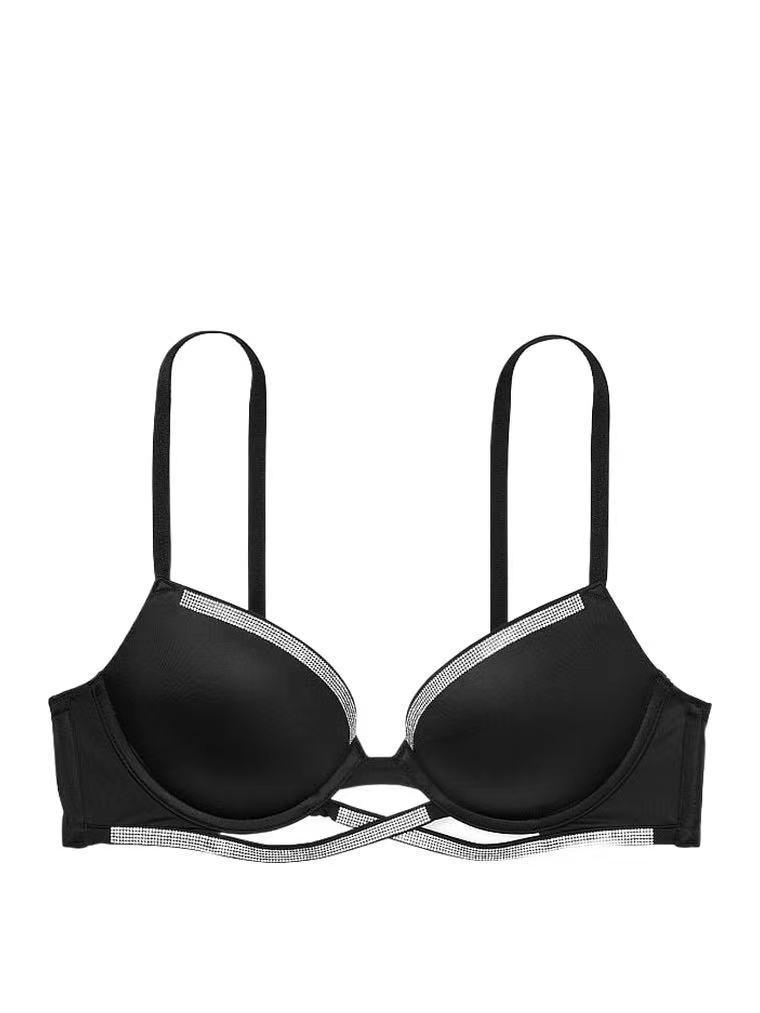 

Глянцевый горячий комплект пуш-ап бюстгальтера и трусиков с бисерными перекрещивающимися бретелями 75C чёрный