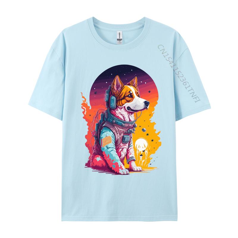 Hunde Astronauten Sonnenuntergang T-Shirt Druck Premium Baumwolle Rundhals Herren T-Shirts Hundeshirt Für Jungs Grafikshirts Herren