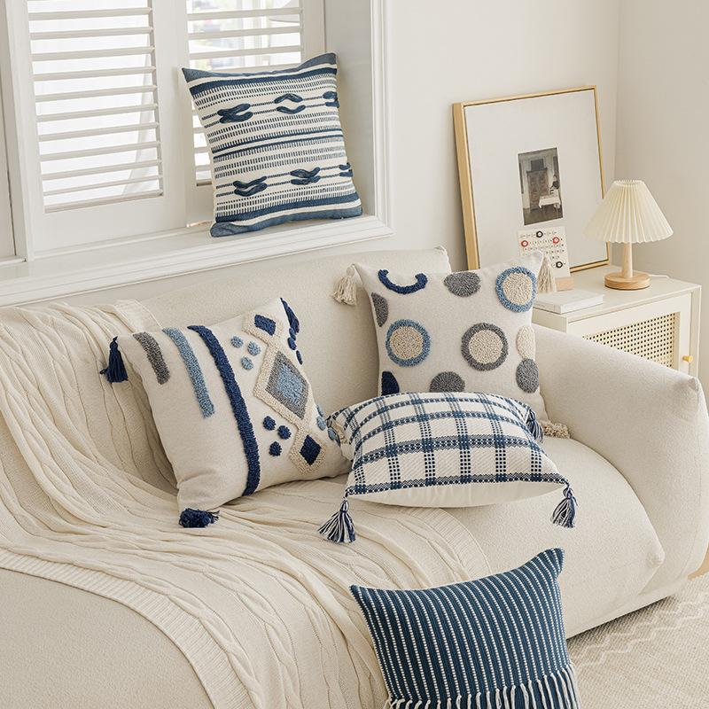 Blue Sofa Headboard Pillowcase Jacquard Embroidery Pillow Cover Cojines Decor Home Striped Polka Dot Tassel Cushion Covers 45X45