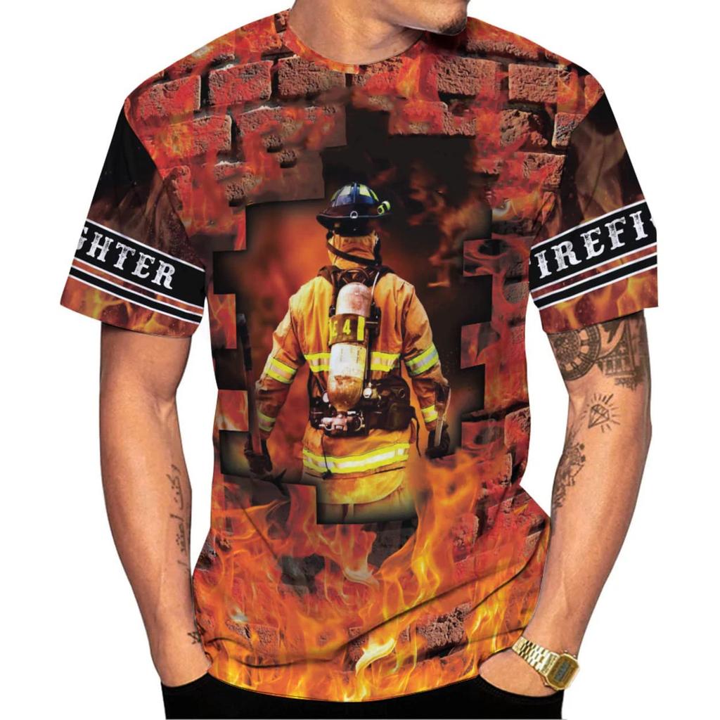Summer Round Neck 3D Firefighter Print Top Fashionable Casual Short Sleeved Men's T-shirts