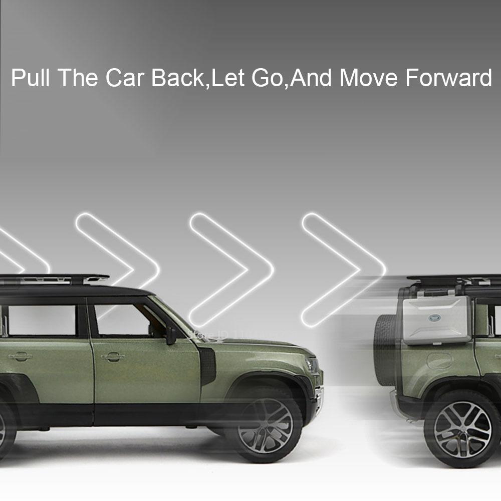 1:Brinquedo de Modelo de Carro Land Rover Defender Range Rover Escala 24 Metal Diecast Som Luz Veículos Off Road Modelos em Miniatura Presentes para Meninos