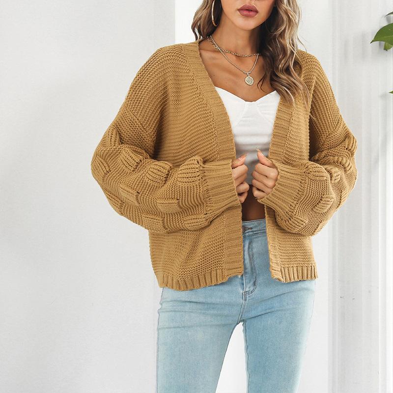 Strikket strikket cardigan for kvinner, uformelt retrotemperament, genser med lanterneermer