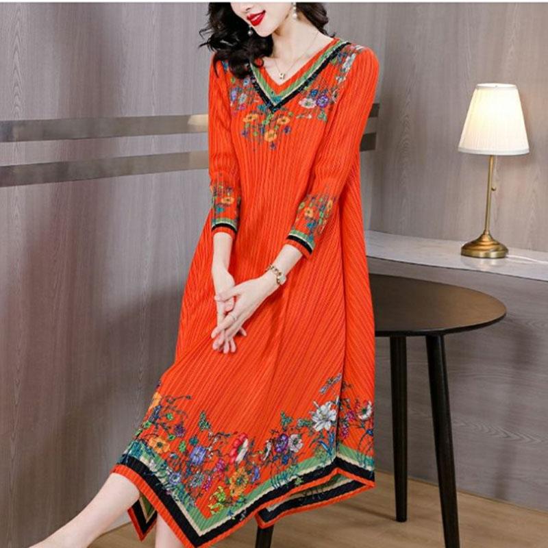 Women's Plus Size Dress Vintage Print Dress Ethnic Style Spring Summer A-line Pleated Stretch Maxi Dress