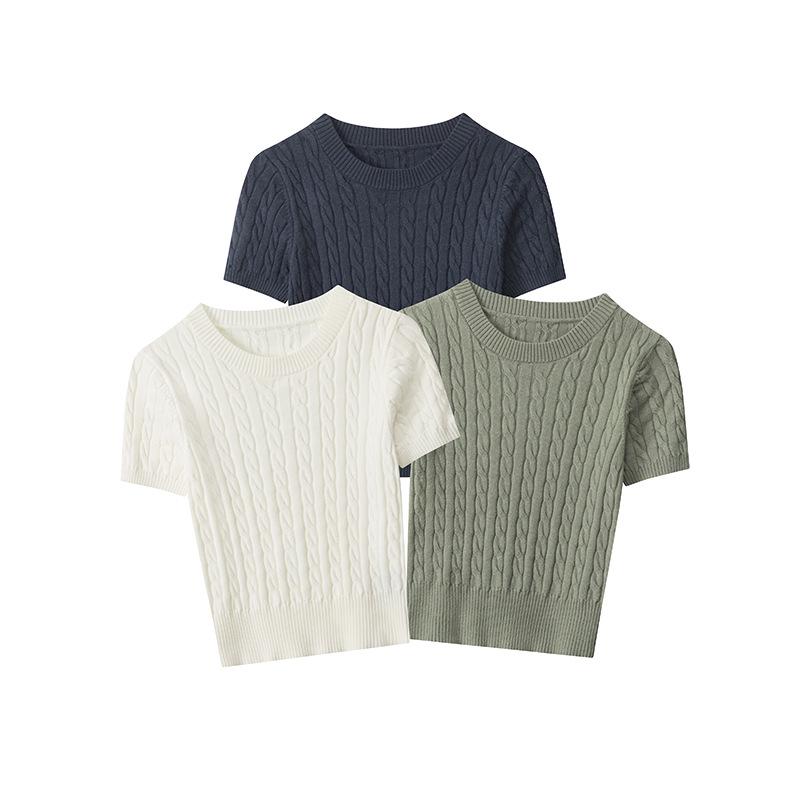 HeyHenry 2025 Retro Short Sleeve Knit Sweater - Slim Fit Cable Knit Top for Women