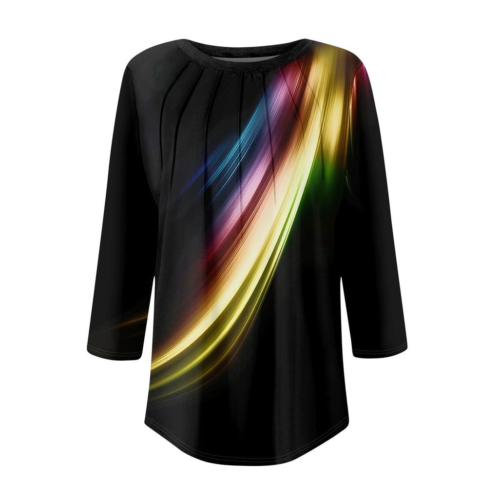 Omen's Fashionable Round Neck 3/4 Sleeve Printed Casual Basic Pleated Pullover T-shirt Top