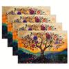 4pcs Vibrant Floral Tree Canvas Placemats, 12x18 Inch Linen Artwork with Colorful Flowers and Sunset Landscape - Ideal for Kitchen, Dining Room, and