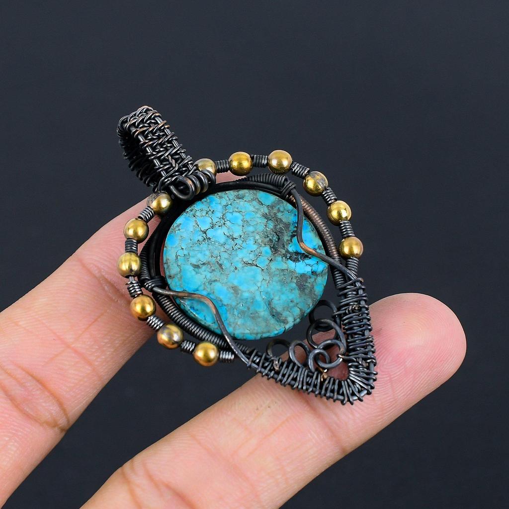 Blue Turquoise Handmade Gemstone Pendant, 999 Copper Wire Wrapped Antique Jewelry Pendant, For Engagement Gift