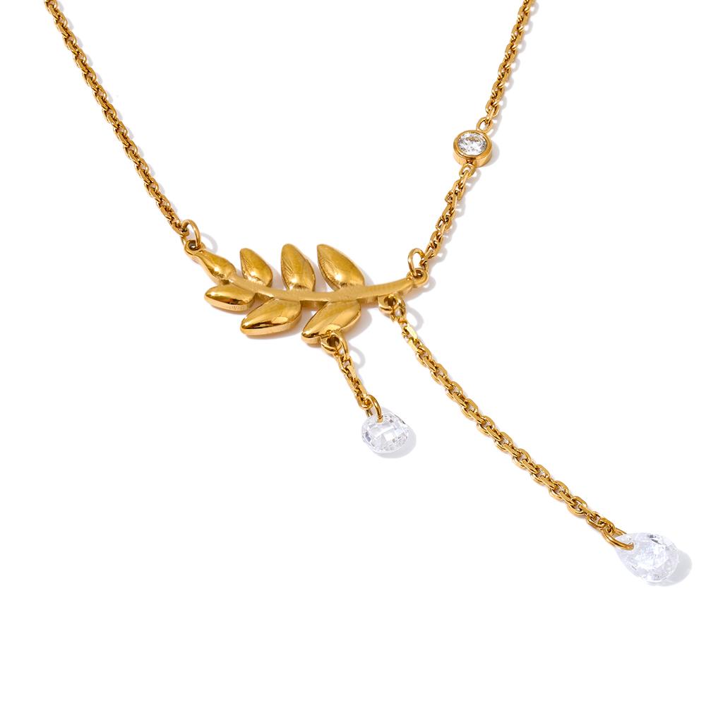 

Yhpup Stainless Steel Leaf Chain Tassel Cubic Zirconia Pendant Necklace Stylish Unique Delicate Collar Jewelry Waterproof
