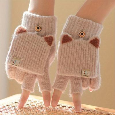 1 Pair Women's Winter Cute Cat-Ear Half Finger Flap Gloves - Soft Windproof Warm Gloves