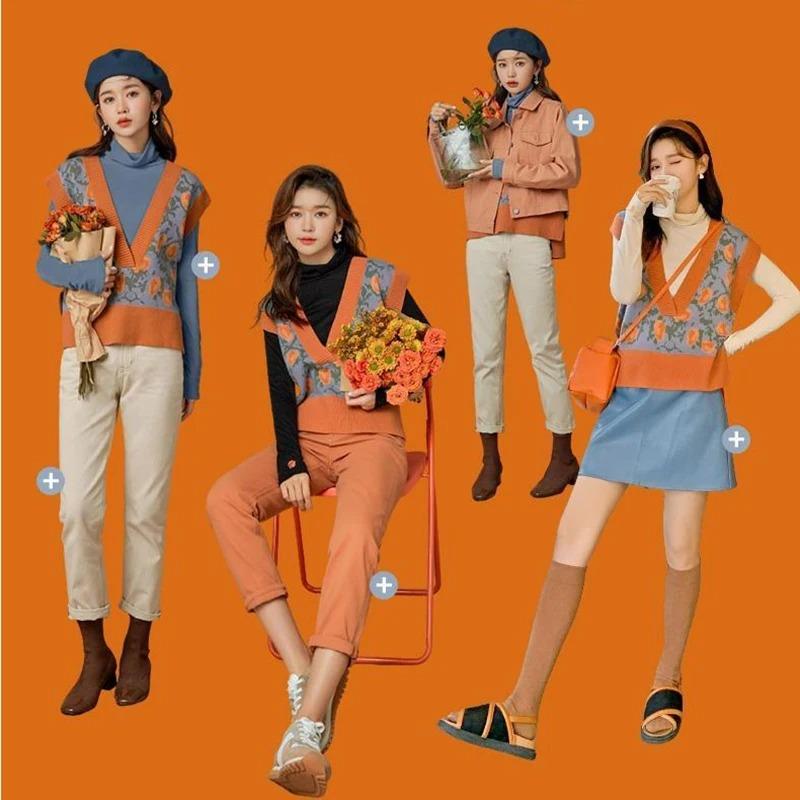 Embroidery Floral Knit Vest Women Short Sweet Sweater V-Neck Pullover Pull Jumper New Fashion Autumn Winter