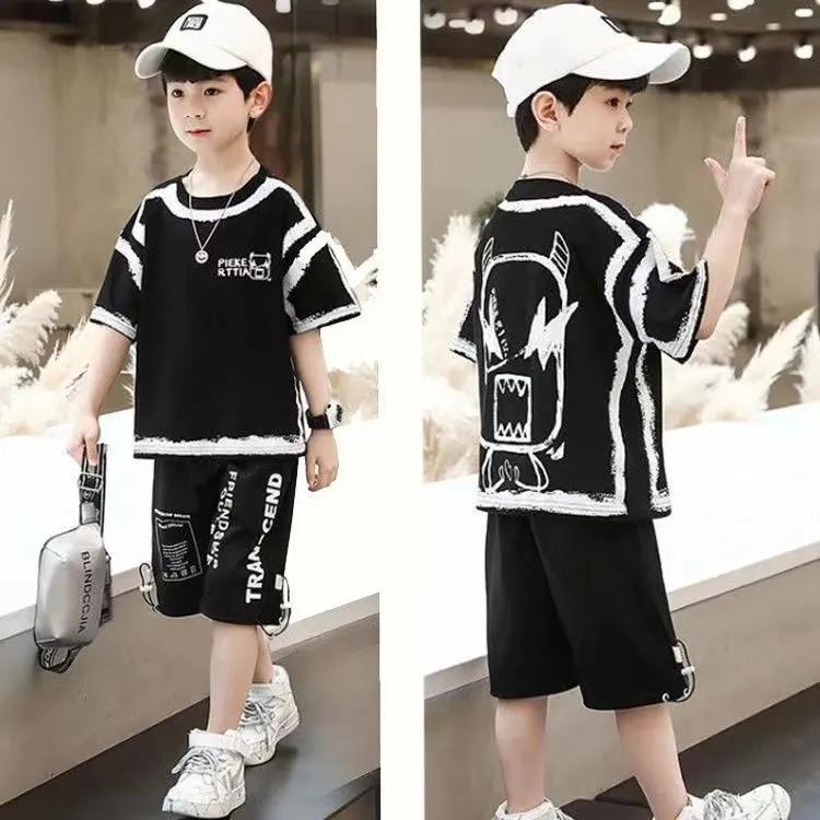 Summer School Kids Casual Boys Contrast Alphabet Graffiti T-Shirt Top+Shorts Pant Tracksuit Child 2 Pieces Srt