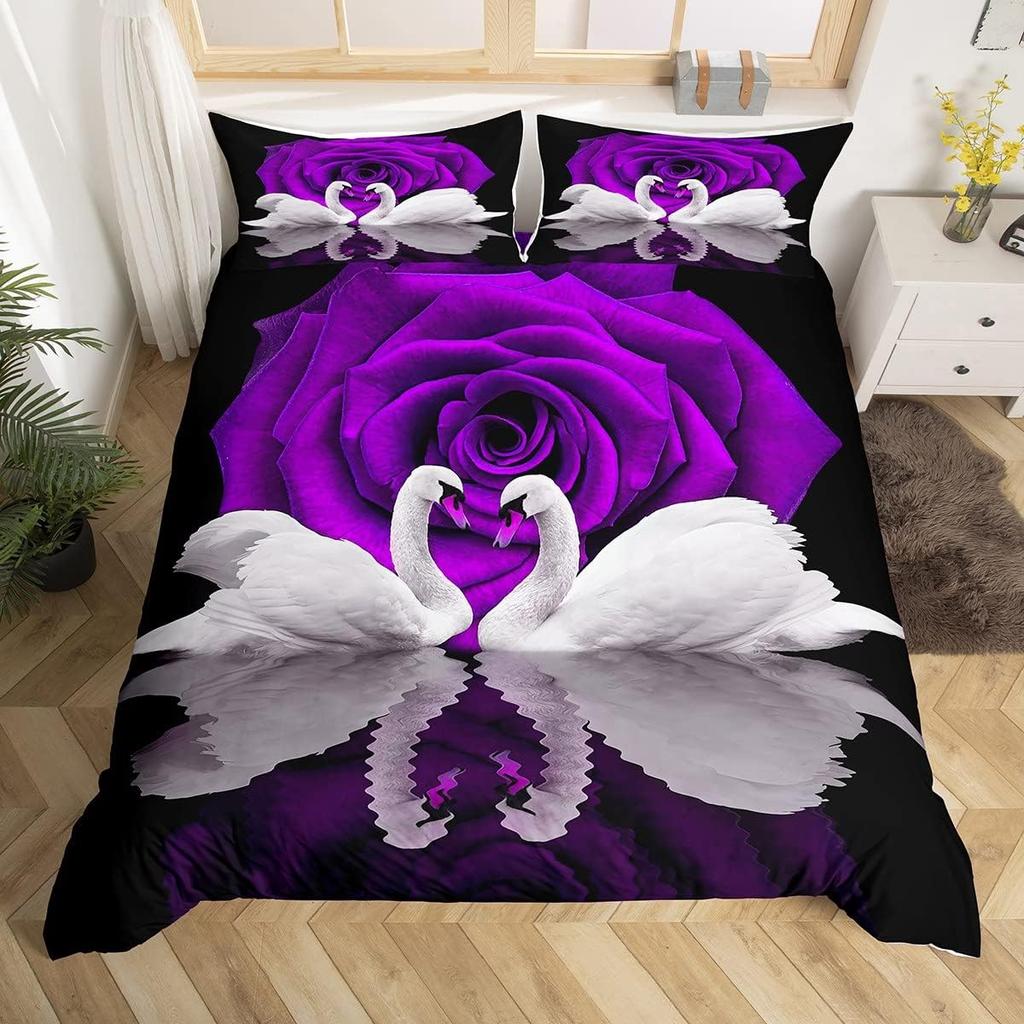 Red Rose Beding Set White Swan Soft Duvet Cover Quen Wild Animal Romantic Flower Warm Comforter Cover for Young Girls Woman Lady Weding Decor
