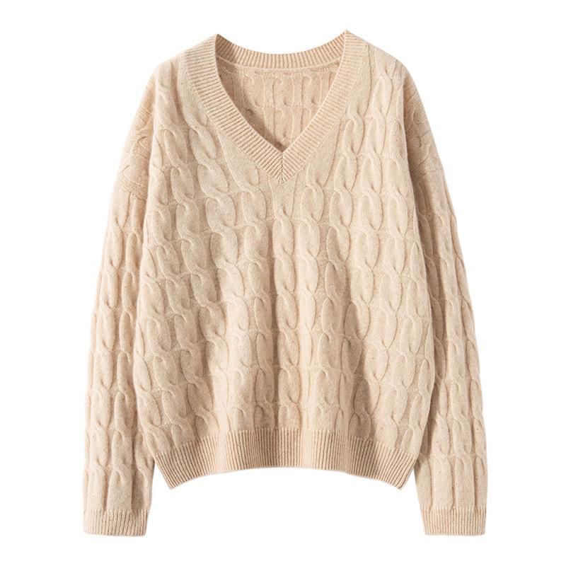Women's V-Neck Loose Cable Knit Wool Sweater - Winter 2024 Casual Pullover Knitwear