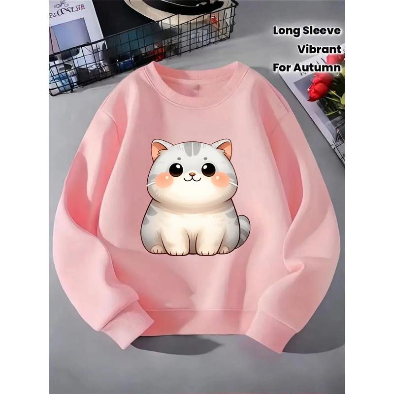 European Sizes Kids' Round-Neck Hoodie | Cute White Cat with Pink Cheeks, , Sportswear and Casual Wear, Soft and Comfortable, Playful Design