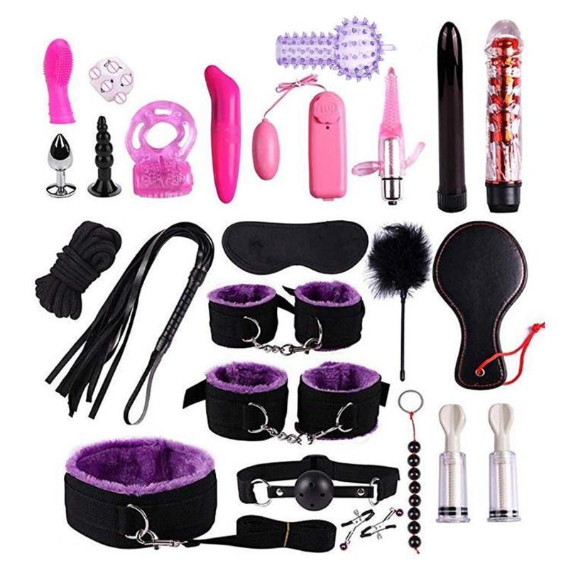 24pcs Adult Game Restraints Set Women Men BDSM Bondage Training Cosplay Sex Toy G-Spot Vibrator Butt Anal Plug Flogger Whip OLI