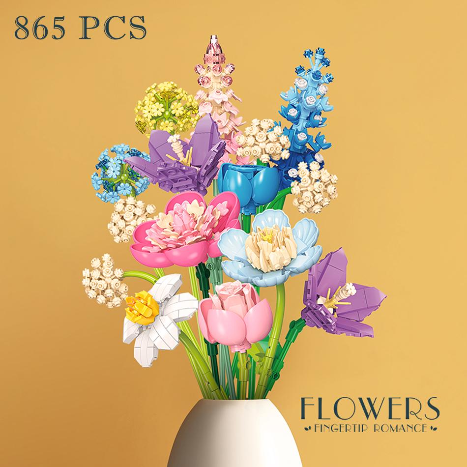 Creative Home Decor Eternal Flowers Bouquet Building Blocks Rose Narcissus Peony Simulated Plant Bricks Toy Valentine's Day Gift