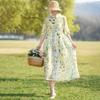 Johnature Women Vintage Bandage Dress Turn-down Collar Half Sleeve Print Floral Summer Button A-Line Dress