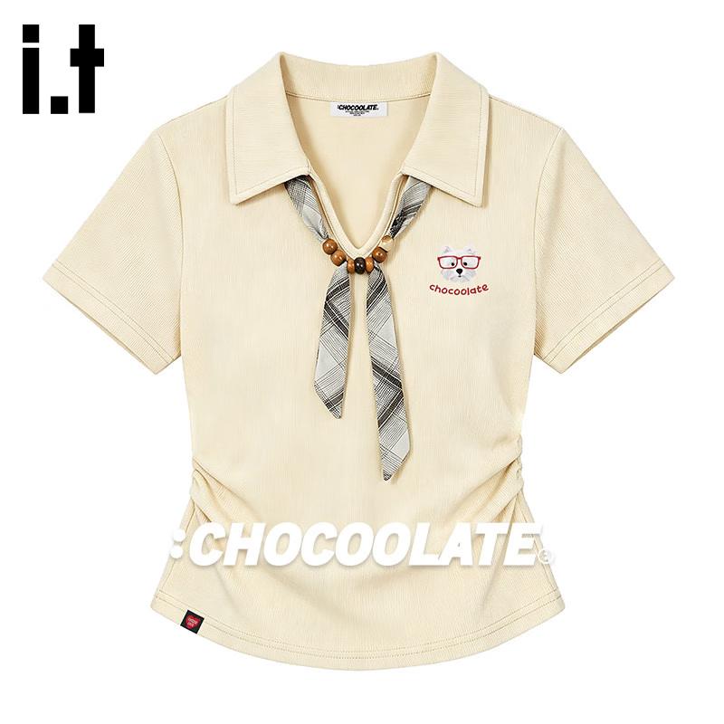 CHOCOOLATE Women s Slim Fit Polo T-Shirt with Plaid Bow Tie L
