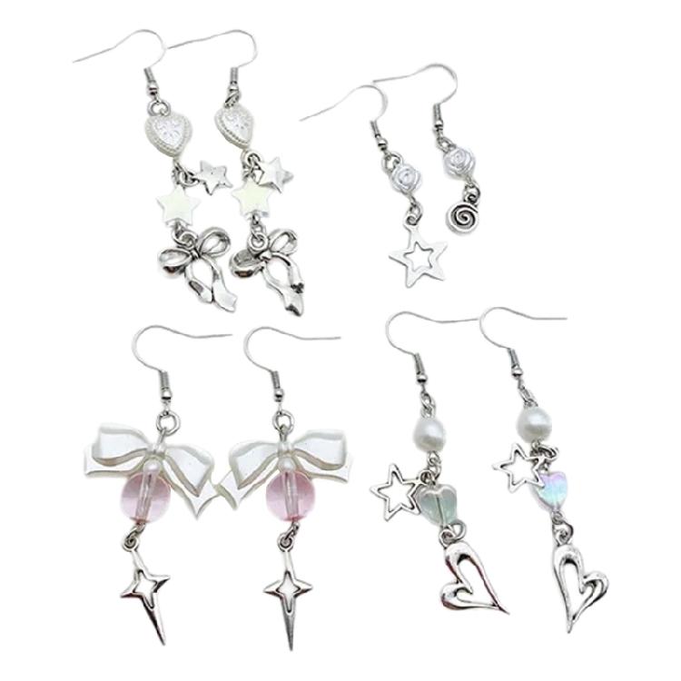 4 Pairs Bowknot/Star/Heart Ear Drop Colorful Dangle Earrings Stylish Decorations