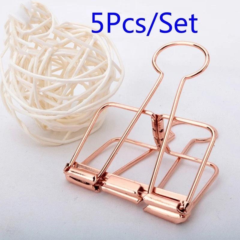 5Pcs Rose Gold Metal Binder Clips Office Binding Supplies Paper Documents School Accessories Kawaii Photo Decorative Bookmark