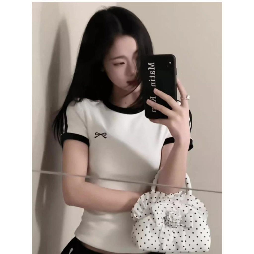 Contrast Embroidered Bow Crop Top Women Casual Striped Print Short Sleeve Slim White T Shirts Casual Streetwear Y2k Tees