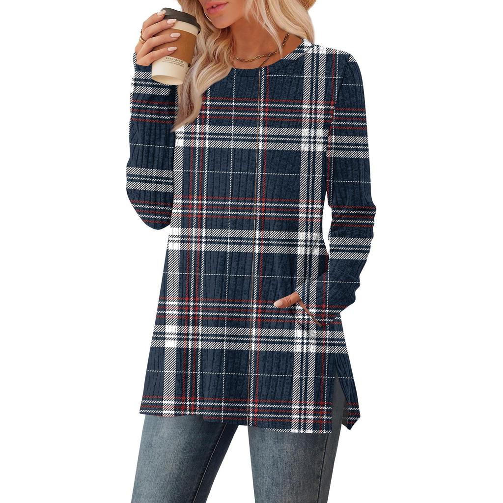 Womens Sweaters Crewneck Long Sleeve Shirts With Pockets Fall Outfits Fashion Winter Clothing Side Slit