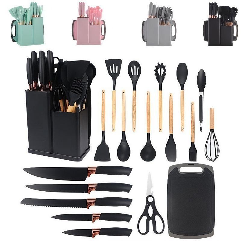 Wooden Handle 19 PCS Silicone Kitchen Utensil Set Food Grade Sharp Knives for Beginner Chef Cooking Use