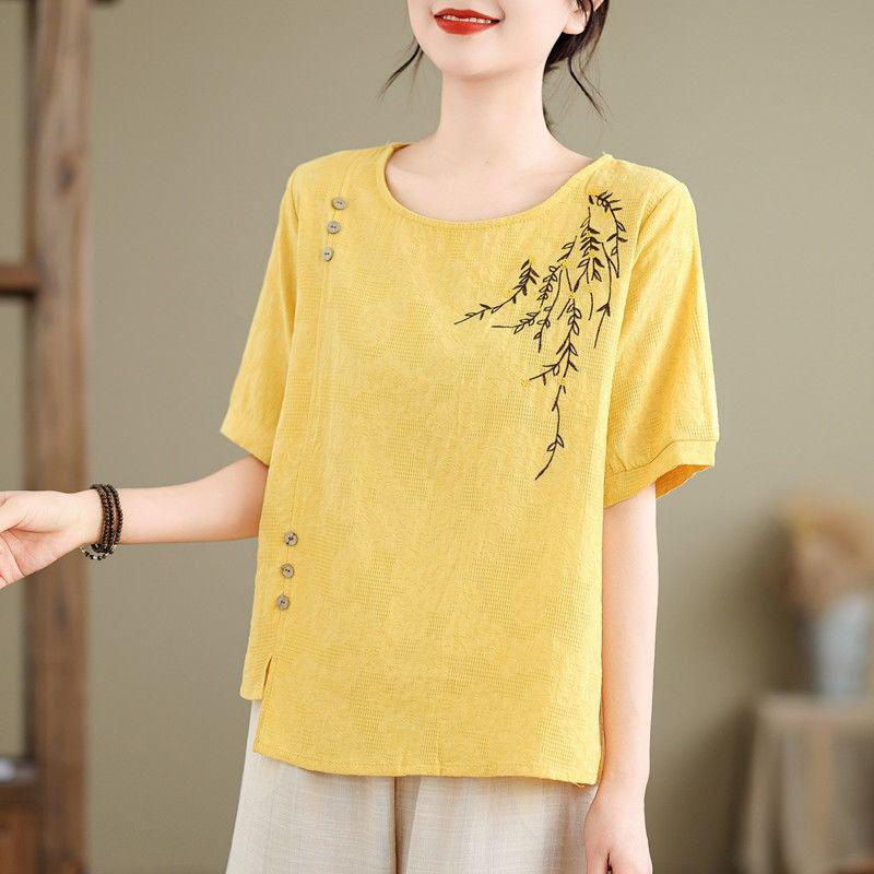 Mid-Age Women's Summer Cotton Linen Embroidered Two-Piece Set: Short Sleeve Top & Pants, Plus Size, Loose Fit