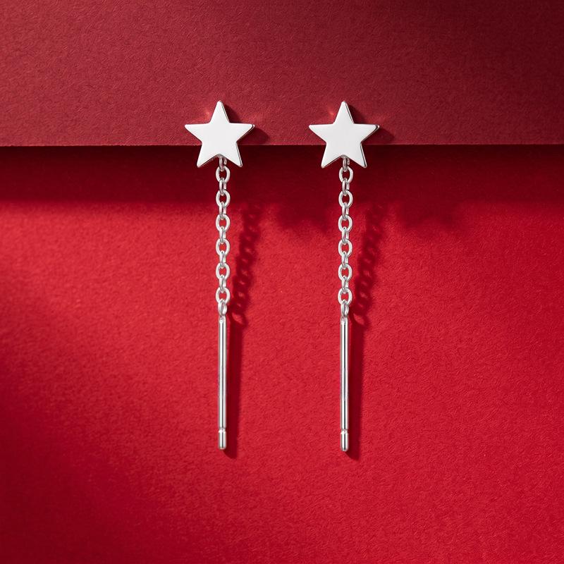 S999 Sterling Silver Mini Star Threader Earrings for Women - Korean Style, Simple, Versatile, Five-Pointed Star Design.