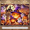 Bandera 2D - Fondo de pancarta con temática de Halloween, con calabazas sonrientes, murciélagos, castillo de noche oscura y elementos de velas.P