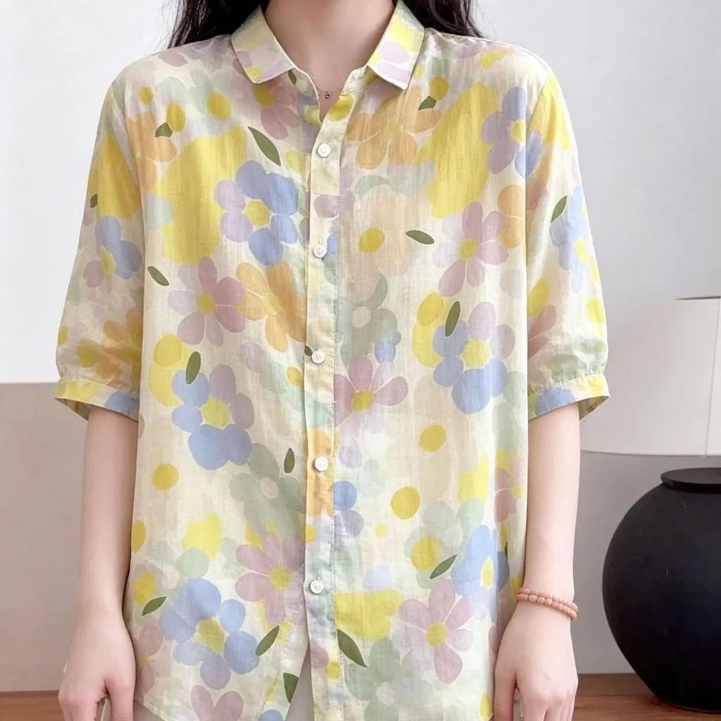 Women S Loose Floral Printed Cotton Mid Sleeve Blouse For Vacation