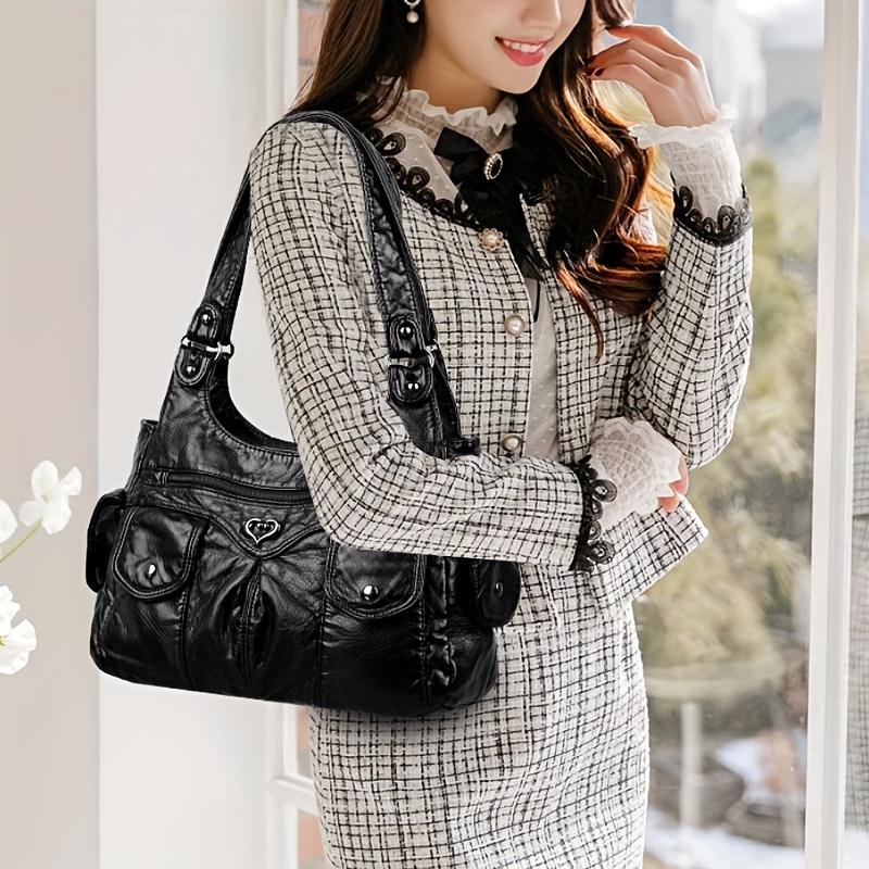 Umhängetasche mit großem Fassungsvermögen, Handtasche aus einfarbigem PU-Leder mit Herzschnalle, All-Match-Umhängetasche für Damen