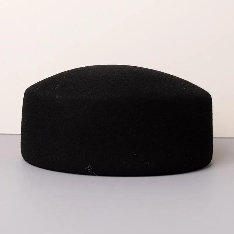 Winter New French Vintage Round Top 100% Wool Fedoras Hat Wedding Church Party Pillbox Caps Warm Women Hard Top Felt Berets Hat