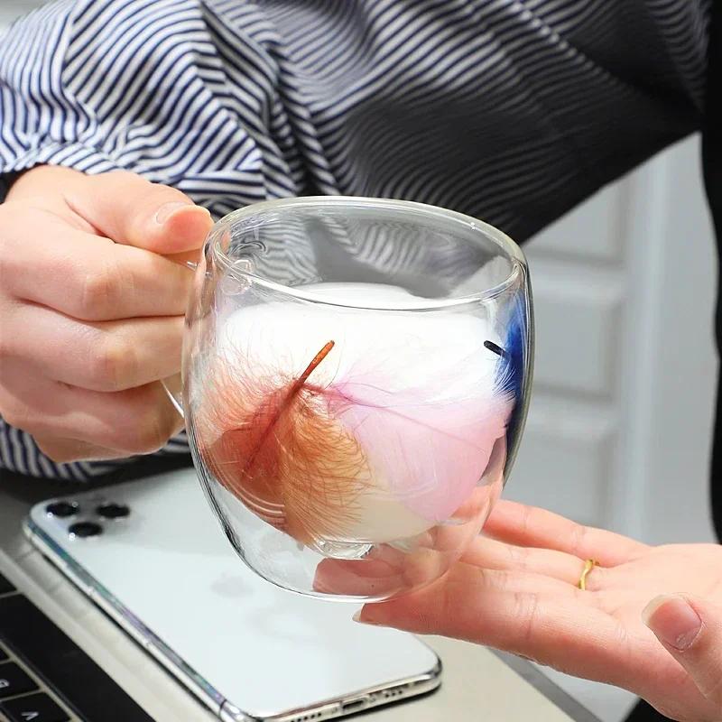 Transparent Feather Double-layer Glass Cup Creative Household Coffee Cup With Handle Heat-resistant And Cold-resistant Glass Cup