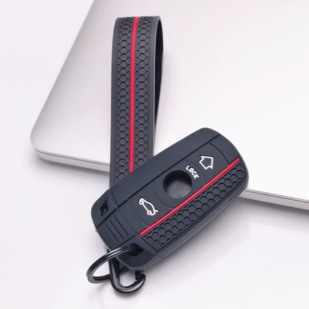 Silicone Car Key Fob Cover with Matching Keychain Compatible with BMW 1 3 5 Series X1 X3 X5 Z4 E90 E91 E92 E60 E61 E87 E84 E83 E70 E89 Provides a
