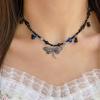 Fashion Metal Dragonflies Pendant Necklace Y2K Black Beads Chain Statement Choker Necklace for Women Club Punk Jewelry