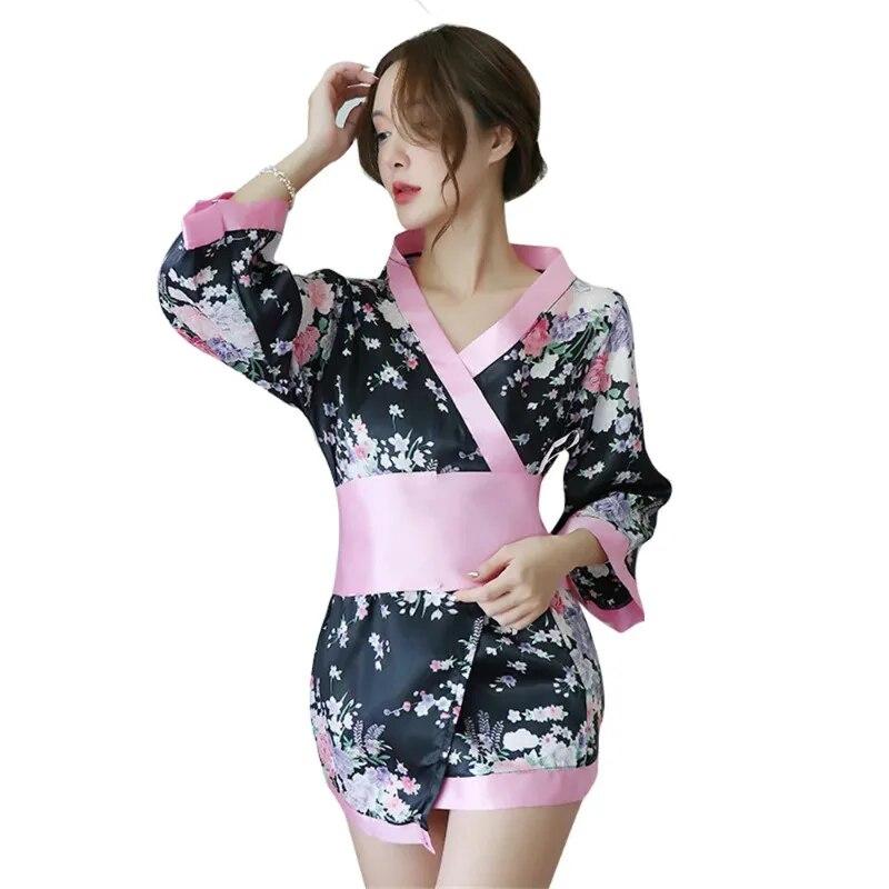 Σέξι Sakura Κιμονό Σιφόν Εκτύπωση Υπέροχη Γιαπωνέζικη Στολή Ρόμπα Floral Μπουρνούζι Καμαριέρας Cosplay Roleplay Κοστούμια Εσώρουχα