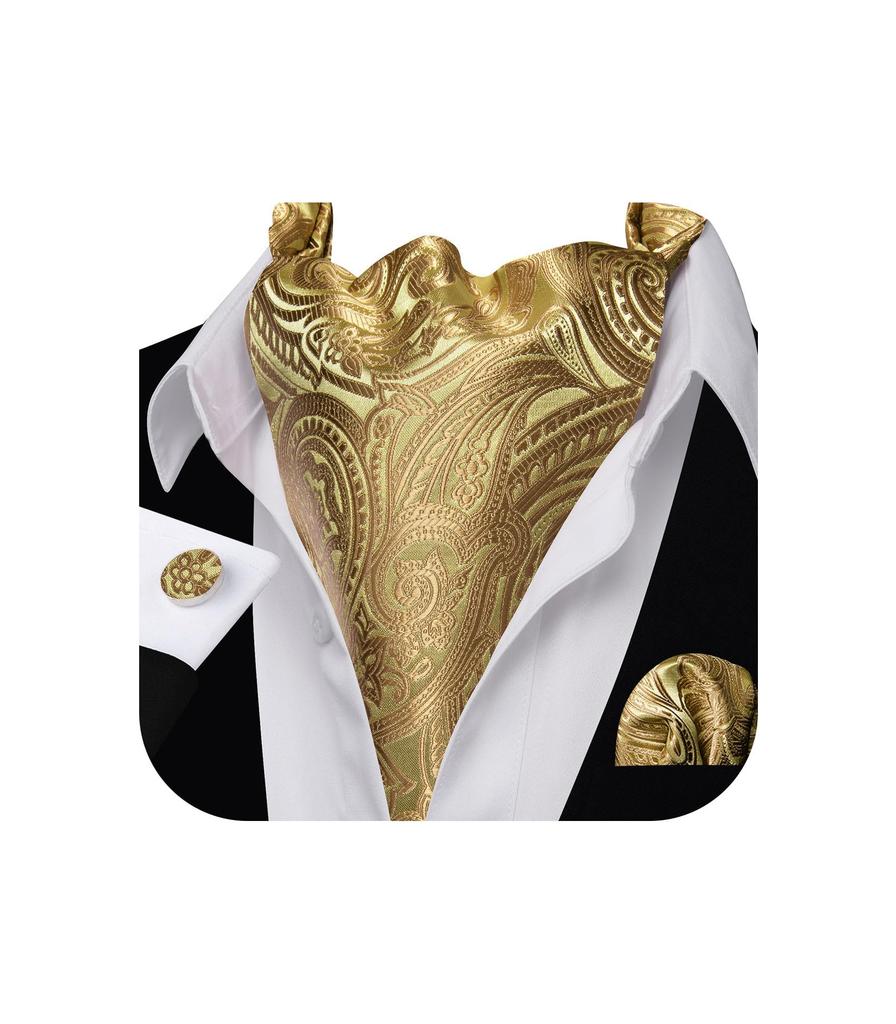 Barry.Wang Ascot Stropdas Cravat Nekdas Heren Paisley Geruit Sjaal Zelfstrik Zakdoekje Manchetknopen Set Bruiloft Feest, B Gouden Paisley, Eén Maat