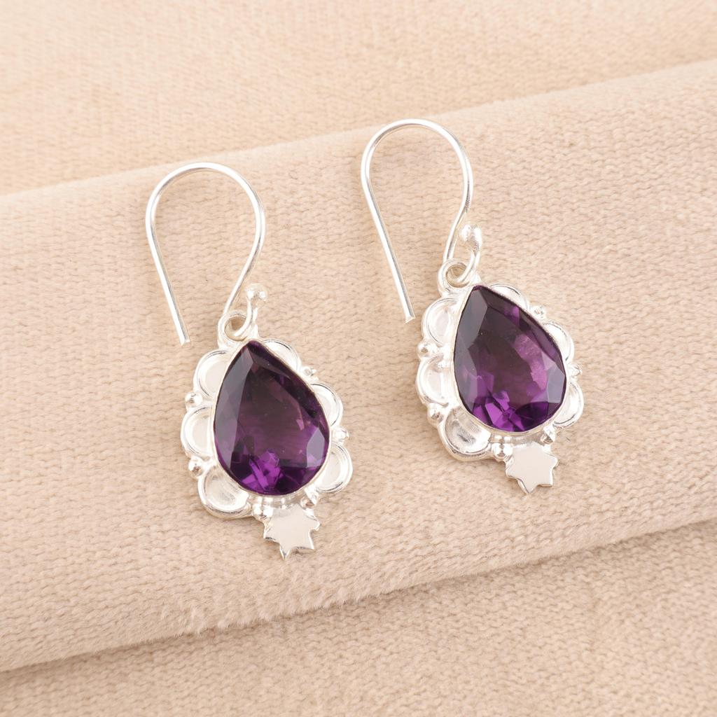 Amethyst Edelstein Schmuck, Handgefertigte Silber Ohrringe, Wunderschöne 925 Massiv Sterling Silber Ohrringe, Zartes Geschenk für Frauen