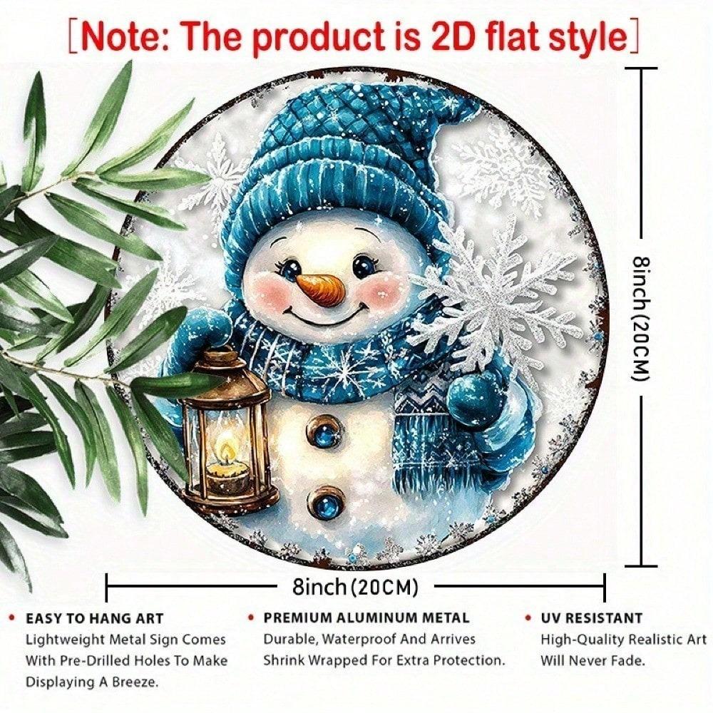 8INCH Round Snowman Metal Sign Pre Drilled Waterproof Holiday Wall Art For Home Coffee Shop