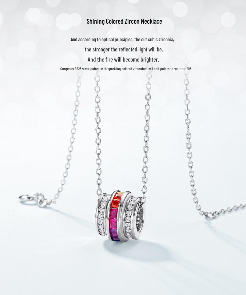 Rainbow Zircon Necklace - Women's S925 Silver Colored Gem Clavicle Chain European & American Fashion