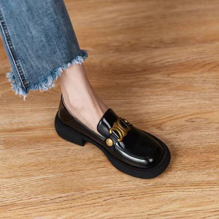 British style jk small leather shoes women spring and autumn retro metal buckle women round head low heel single shoes women