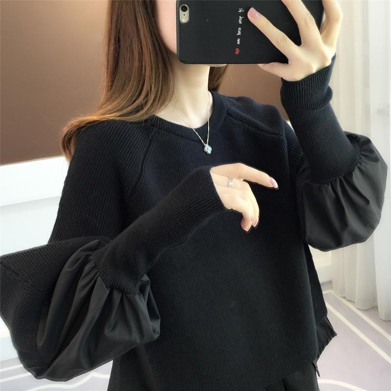 Knitted Sweater Fake Two Pieces Women's Autumn and Winter New Lazy Wind Splicing Sweater Loose Fashion Top