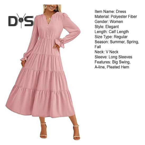 Spring Dress Pleated Patchwork Hem A-line Big Swing Midi Dress V Neck Long Puff Sleeves Flowy Dress High Waist Solid Color Dress for Datings Prom