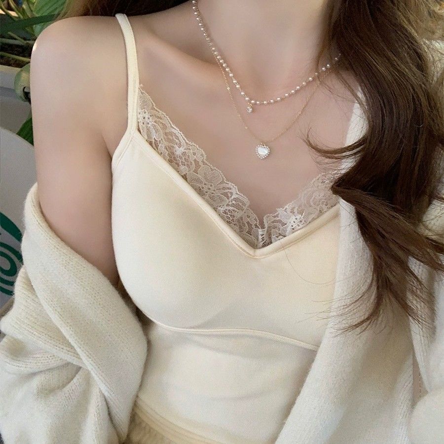 

Женская флисовая майка с подкладкой и нагрудными подушечками, теплая жилетка, осенне-зимнее нижнее белье, топ без рукавов с кружевом M