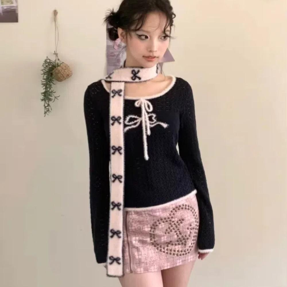 Long Bow Knitted Neckerchief Warmer Color Blocked Neck Cover Gifts Y2k Double-sided Scarf Outdoor